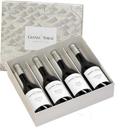 Zestaw czterech różnych win Furmint z pojedynczych winnic w pudełku