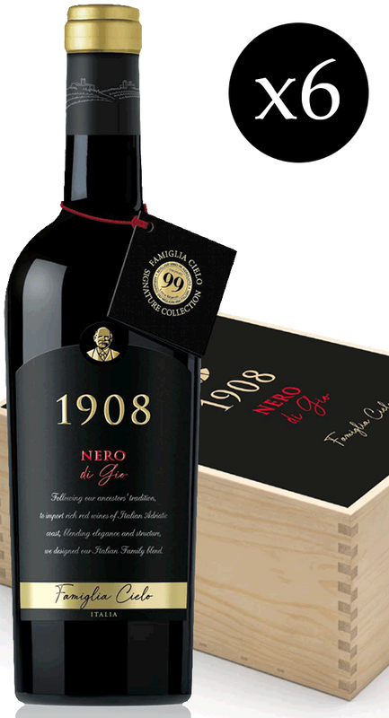 Zestaw 6 butelek wina 1908 Nero di Gio w drewnianej skrzynce